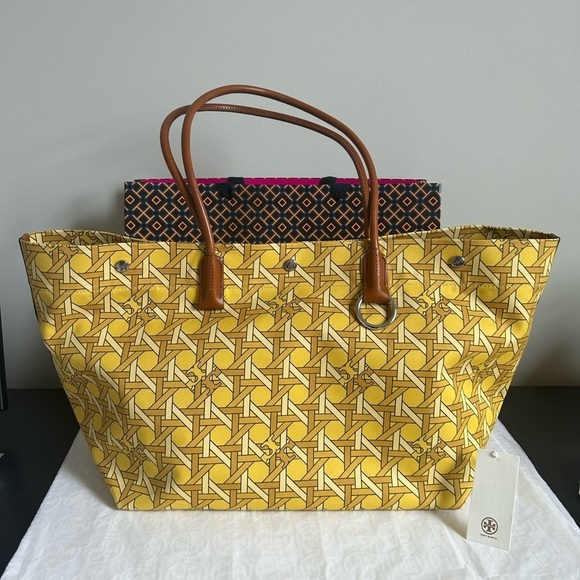 Tory Burch Handbags - Tory Burch Canvas Basketweave Tote Bag Saffron Basketweave Gold Yellow Brown